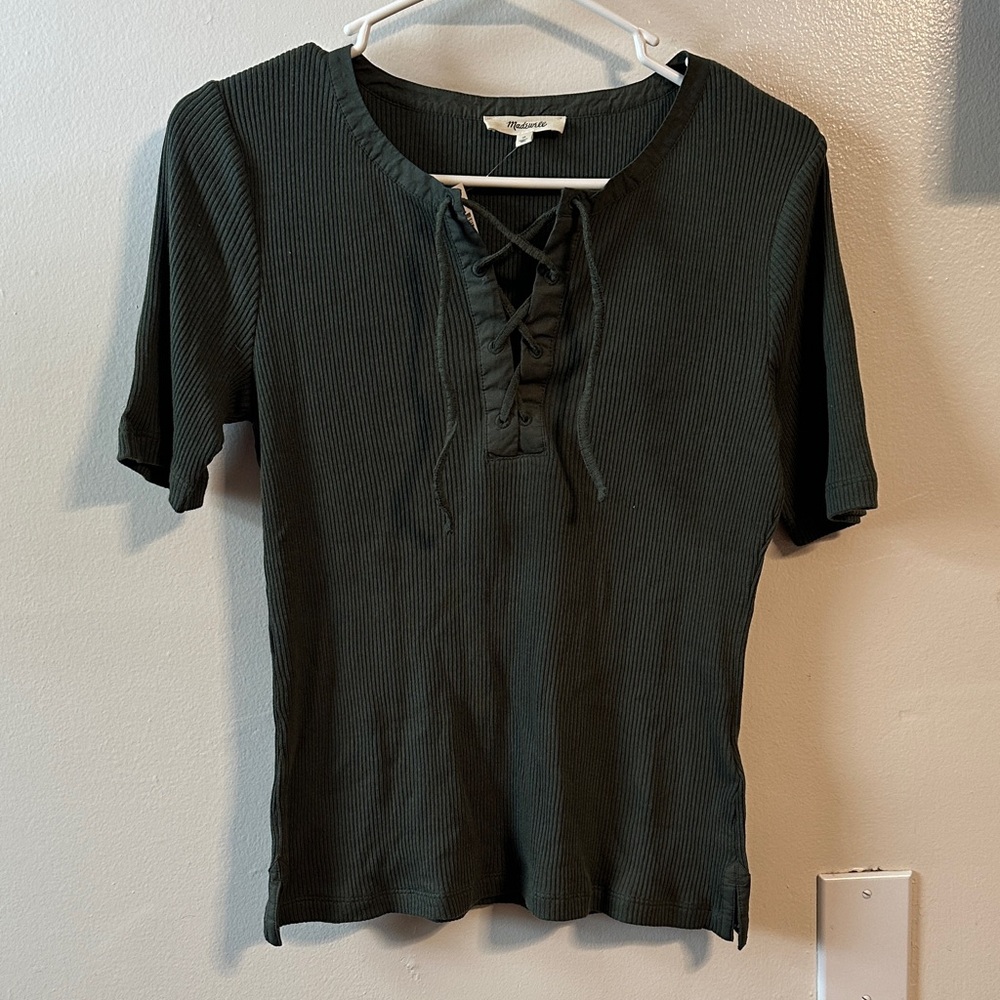 Madewell Dark Green Lace-Up Ribbed Top